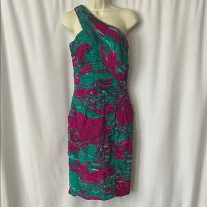 Tadashi Shoji Elegant One-Shoulder Teal/Pink 💯% Silk Dress **Size 6** 🌺🌺